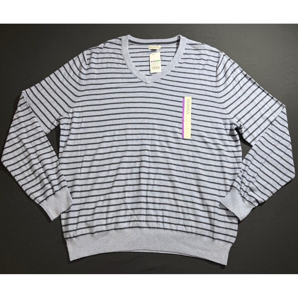 Merona Mens XL V-Neck Sweater Alaskan Blue Navy Stripe Long Sleeve New With Tags